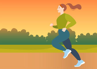 A girl in sportswear is jogging, runs outdoors. Landscape with a park or forest and a sunset on the background of a jogging road. Sports vector illustration, outdoor sports concept