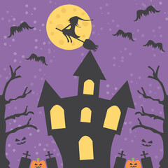 Halloween night with castle. Halloween day background. Vector illustration.