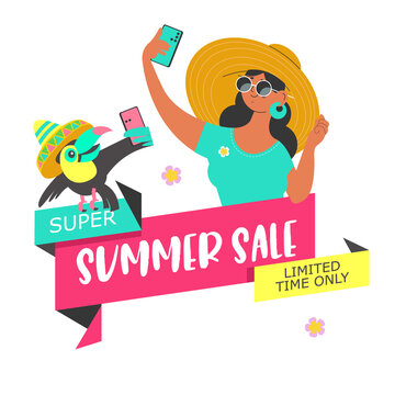 Summer sale. Vector poster, illustration. A girl and a toucan take a selfie.