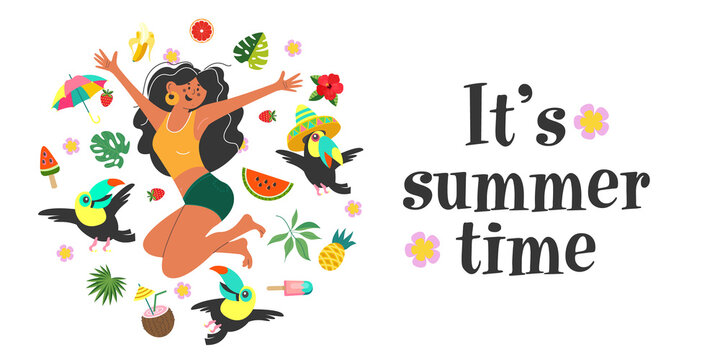 Happy girl and toucans. Vector summer illustration.