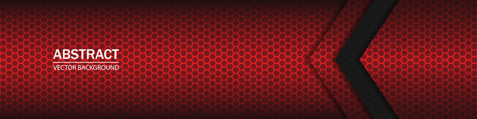 Abstract geometric arrow shapes on a hexagonal red grid. Black and red shapes, stripes and lines on a dark hexagonal carbon fiber background.