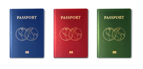 3d realistic vector collection of passports, green, red and blue.