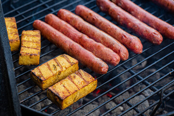 grilled pork sausages and tofu