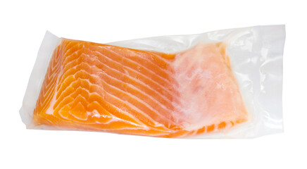 Vacuum packed raw salmon portion fillet isolated on white background.