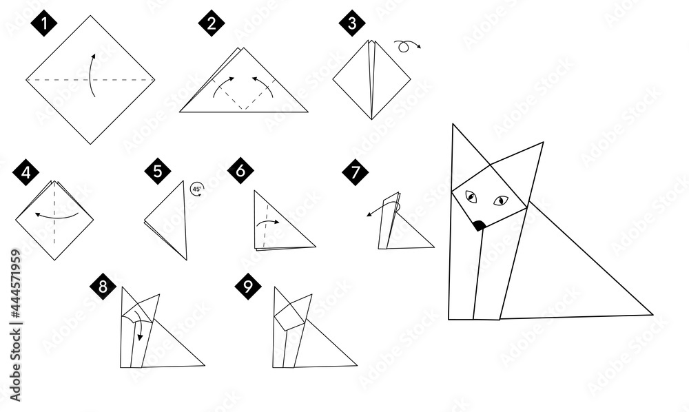 Poster step by step how to make origami fox . vector monochrome instructions illustration. black and white 