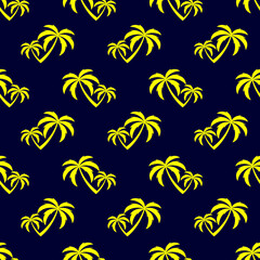Fototapeta na wymiar Yellow coconut trees on a dark, blue background. Seamless background. Marine pattern for fabric, clothing, textile, wrapping paper. Vector, illustration