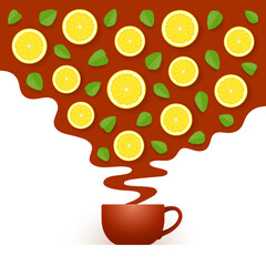 Cup of black tea and cloud with lemon slices and mint leaves