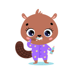 flat doodle cute cartoon baby beaver brushing teeth. Animals brush their teeth.