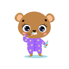 flat doodle cute cartoon baby bear brushing teeth. Animals brush their teeth.