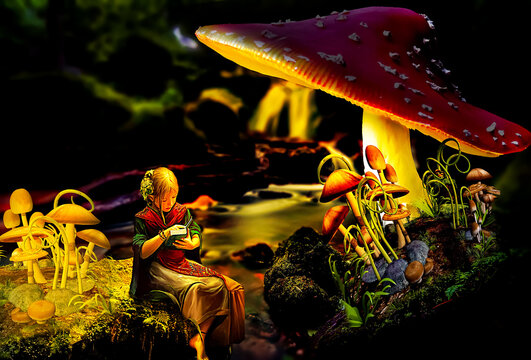 A beautiful girl sitting under a mushroom tree some light effects have been given.