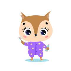 Vector flat doodle cute cartoon baby owl brushing teeth. Animals brush their teeth.