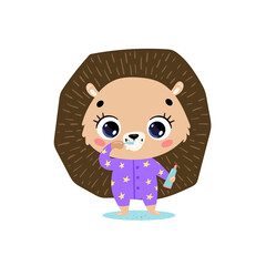 flat doodle cute cartoon baby hedgehog brushing teeth. Animals brush their teeth.
