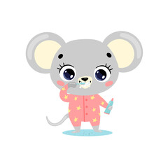 flat doodle cute cartoon baby mouse brushing teeth. Animals brush their teeth.