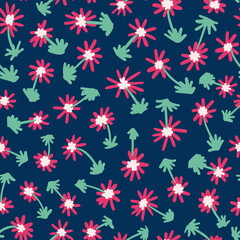 Fototapeta na wymiar Colorful flowers with leaves seamless repeat pattern. Random placed, vector botanical elements all over sufrace print on dark blue background.