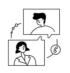 Vector simple linear illustration of a video call in a messenger between a man and a woman