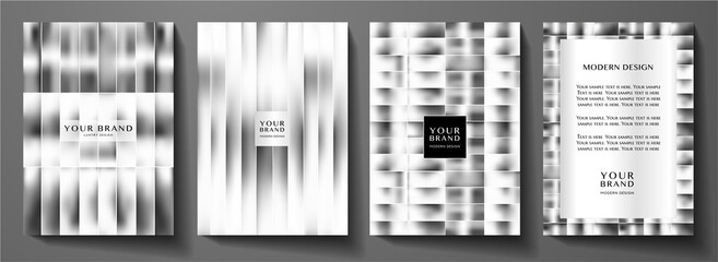 Modern black, white cover, frame design set. Abstract with horizontal, vertical line pattern (stripe texture) on background. Creative vector collection for business brochure, catalog template, booklet