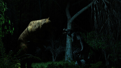 3d illustration of a Werewolf and a Brown Bear roaring at one another in a forest clearing © GARETH