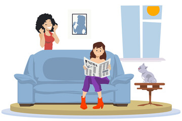 Cat is watching girl reading gazette. Illustration for internet and mobile website.