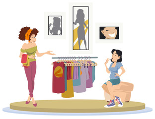 Consultant salesperson offers women clothes. Illustration for internet and mobile website.