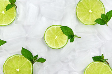 Lime pieces and mint lie on ice.