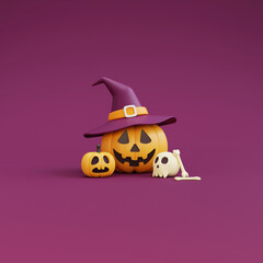 Happy Halloween concept ,Pumpkins character wearing witch hat,skull,bone.on purple background.3d rendering.