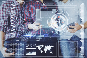 Double exposure of data theme hologram drawing and man and woman working together holding and using a mobile device.