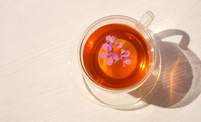 Tea cup with willow-herb on wooden background top view with sunlight and shadows