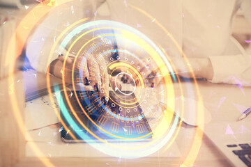 Double exposure of tech icon hologram and woman holding and using a mobile device. Technology...