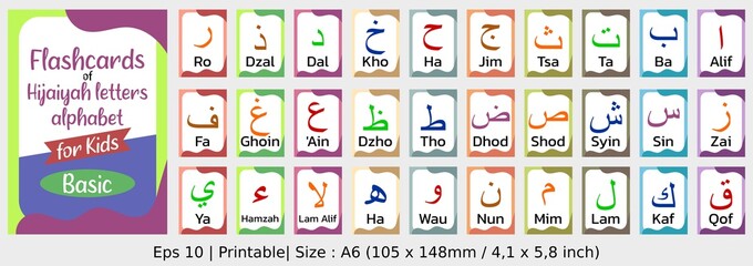 Arabic letters basic with latin word - Flashcards of Arabic letters or hijaiyah letters alphabet for children, A6 size flash card and ready to print, eps 10 vector template