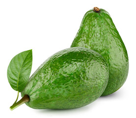 Ripe avocado with leaves. Organic avocado isolated on white background. Taste avocado with leaf. With clipping path
