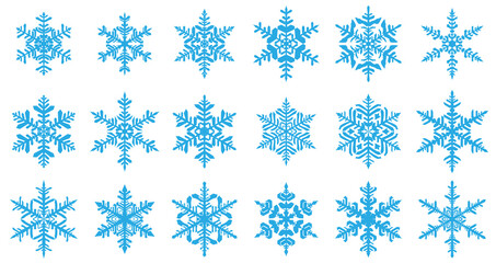 Set of beautiful complex Christmas snowflakes, light blue on white background
