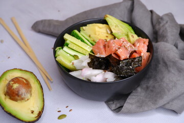Poke. A plate of fish, avocado, rice.