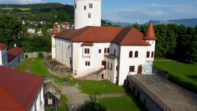 Fly up on Budatin Castle near the city of Zilina in Slovakia.