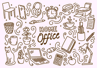 Pack of hand drawn vectors and illustrations os home office theme - monochrome, laptop, alarm clock, headphones, cat, coffee, tea, printer, pen, pencil, smartphone