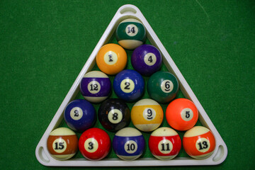 Billiard balls close up view. Green background