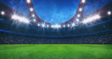 Modern sport stadium full of fans and empty grass field. Professional sport 4k video as looped background. - Powered by Adobe