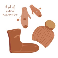 A set of accessories in a beige shade. Nude warm clothes for winter. Cold weather