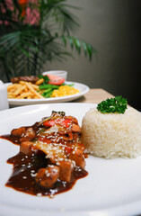 Chicken black pepper and white rice. Delicious food