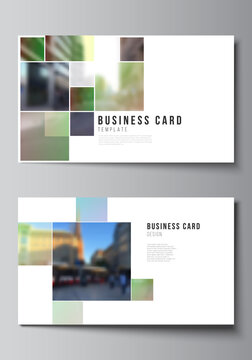 Vector layout of two creative business cards design templates, horizontal template vector design. Abstract project with clipping mask green squares for your photo.