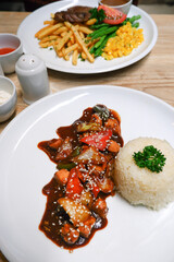 Chicken black pepper and white rice. Delicious food