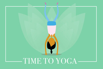 Illustration of woman practicing yoga at home with "Time to yoga" label. Stay at home practicing wellness.