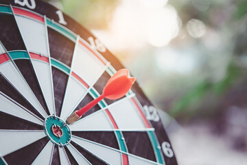 Business marketing success concept. Red dart arrow in center of the target dartboard. Bullseye is a...