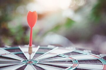 Business marketing success concept. Red dart arrow in center of the target dartboard. Bullseye is a...