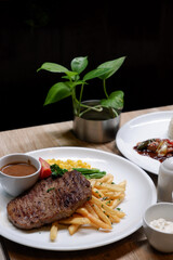 Homemade sirloin steak menu. Sirloin steak with added french fries, corn, green beans and a delicious barbecue sauce
