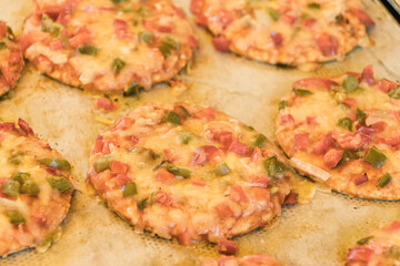 Pizza piccolo with cheese and ham. Food photography template for menus, recipe books and magazines.