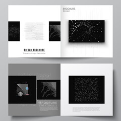 Fototapeta na wymiar Vector layout of two covers templates for square bifold brochure, flyer, cover design, book design, brochure cover. Abstract technology black color science background. Digital data visualization.