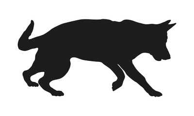 Black dog silhouette. Running german shepherd dog puppy. Pet animals. Isolated on a white background.