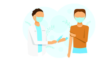 Abstract Flat Medic Man Vaccinates Patient And They Are Both Wearing Masks Cartoon People Character Concept Illustration Vector Design Style Coronavirus COVID-19 Mass Vaccination Healthcare Epidemic