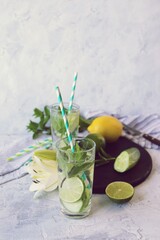 Refreshing drink made from organic fruits, cucumbers, lime and mint leaves, on the kitchen table, summer, healthy food, lemonade, water for weight loss, detox