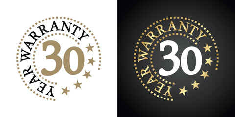 30 Year Warranty five stars white gold black logo icon label button stamp vector